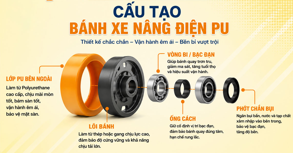Bánh xe nâng điện PU 12 Cấu tạo bánh xe nâng điện PU