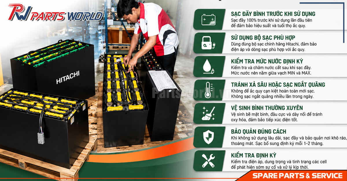 Hướng dẫn sử dụng bình ắc quy xe nâng Hitachi