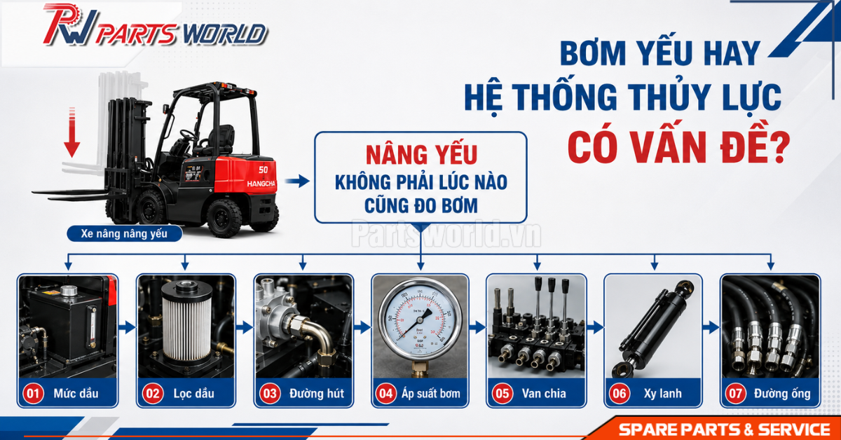 Bơm thủy lực xe nâng Toyota 20 Nguyên nhân do bơm yếu hay hệ thống thủy lực có vấn đề