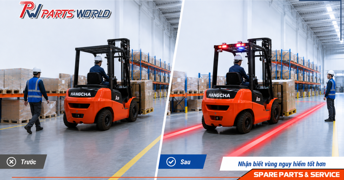 Đèn chiếu vạch xe nâng 22 Trước và sau khi lắp đèn chiếu vạch xe nâng