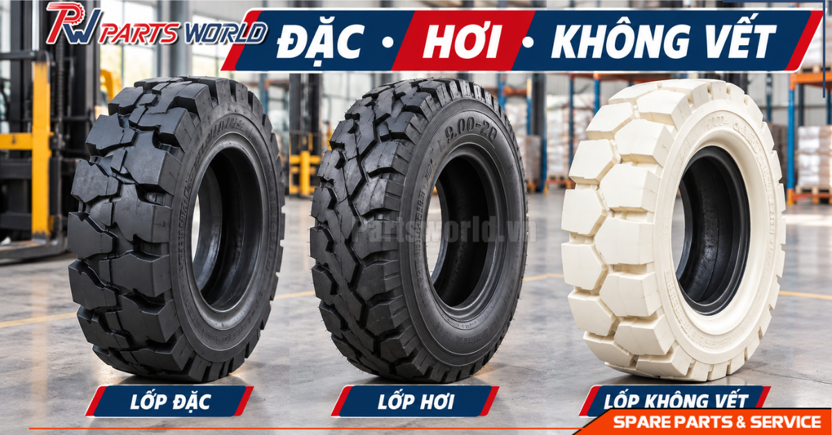 Các loại lốp xe nâng 900-20 gồm lốp đặc, lốp hơi và lốp không vết