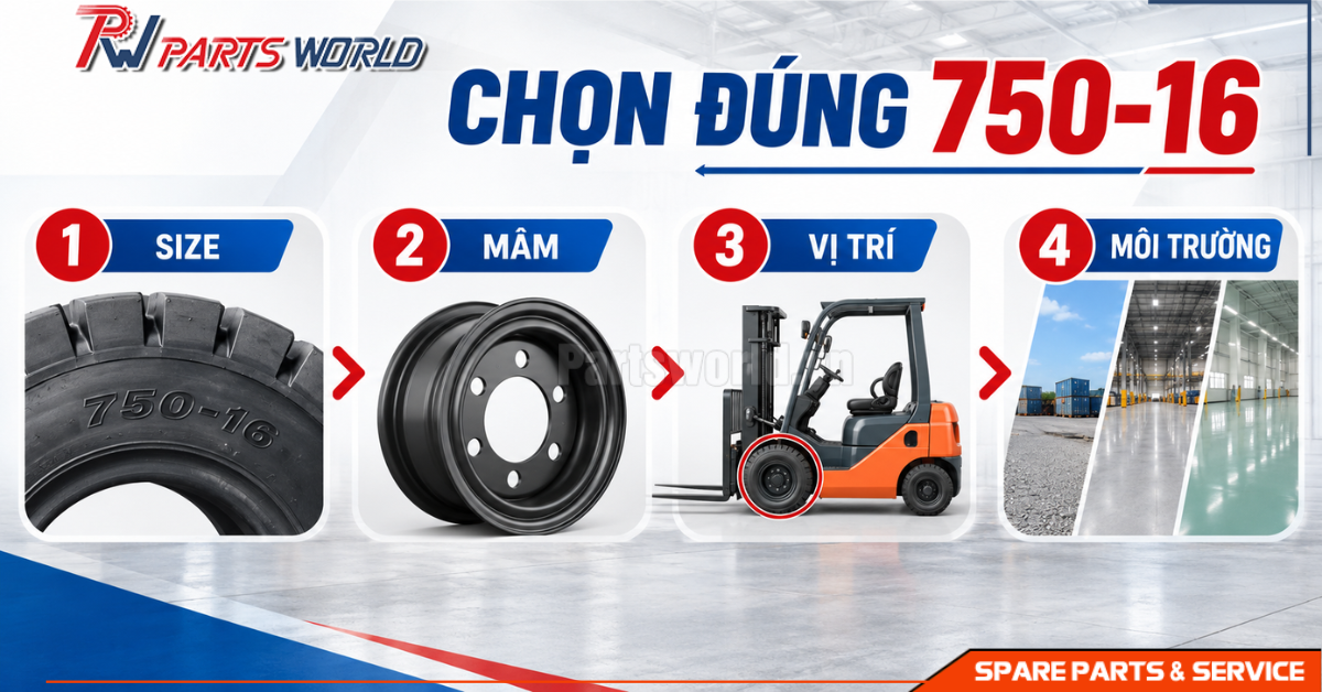 Cách chọn đúng lốp xe nâng 750-16 theo size mâm và vị trí