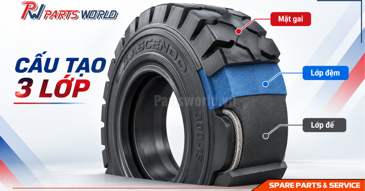 Lốp xe nâng Ascendo 17 Cấu tạo 3 lớp của lốp đặc xe nâng Ascendo