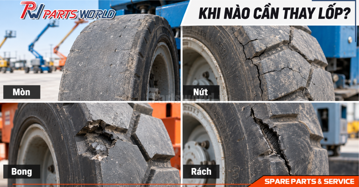Lốp xe nâng người 21 Dấu hiệu lốp xe nâng người bị mòn nứt bong và cần thay thế
