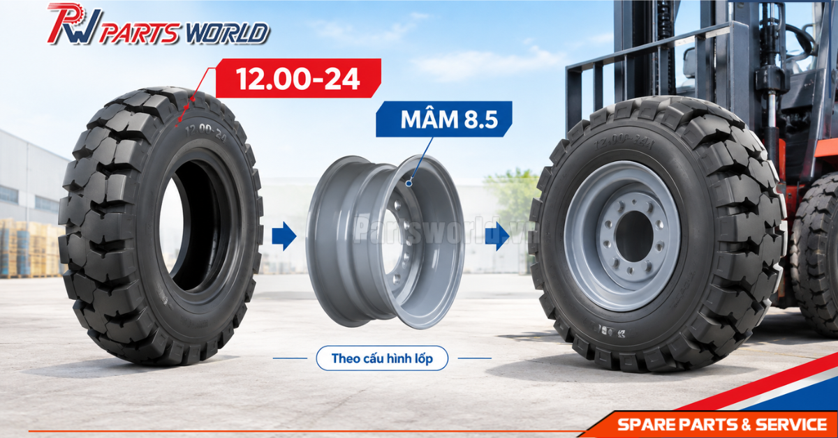 Lốp xe nâng 1200-24 18 Lốp xe nâng 1200-24 dùng mâm bao nhiêu