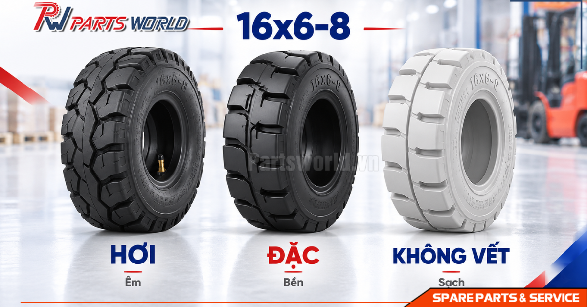 Lốp xe nâng 16x6-8 17 Lốp xe nâng 16x6-8 gồm lốp hơi, đặc và không vết