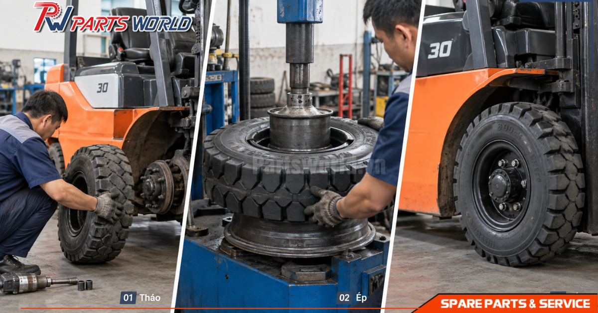 Lốp xe nâng 300-15 21 Quy trình ép - thay lốp xe nâng 300-15