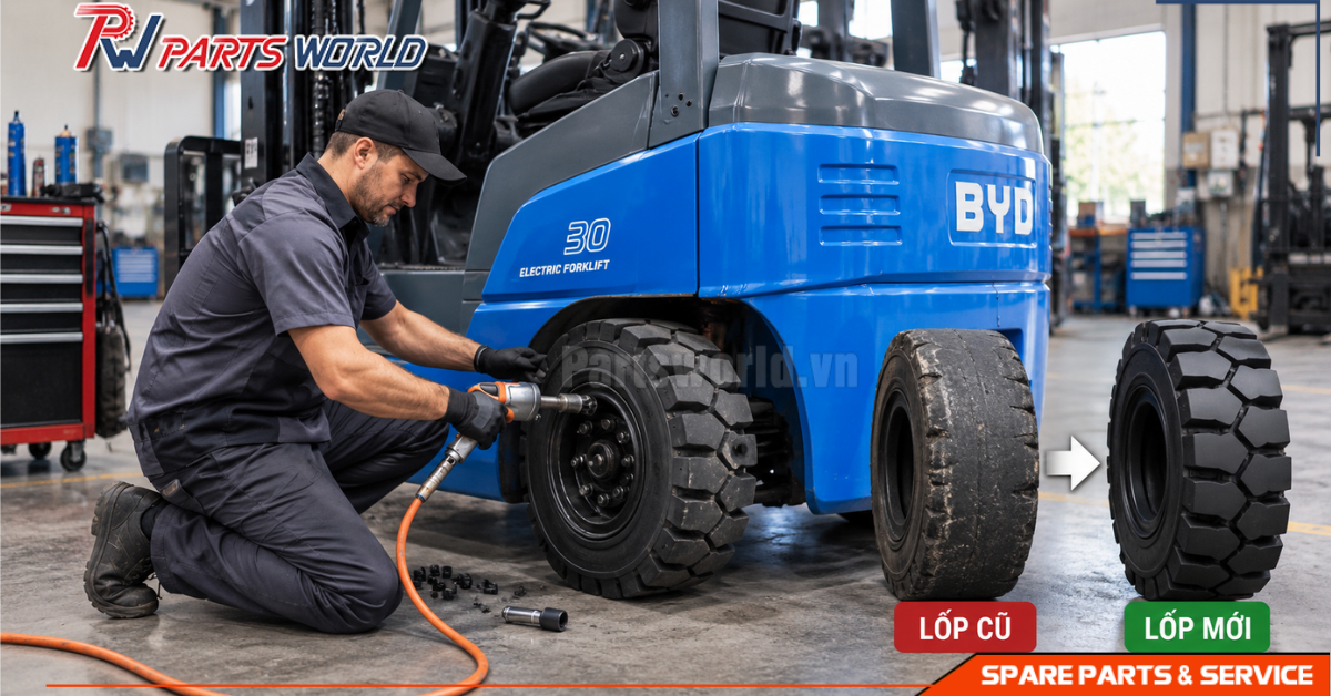 Lốp xe nâng BYD 20 Quy trình thay - ép lốp xe nâng BYD thực tế