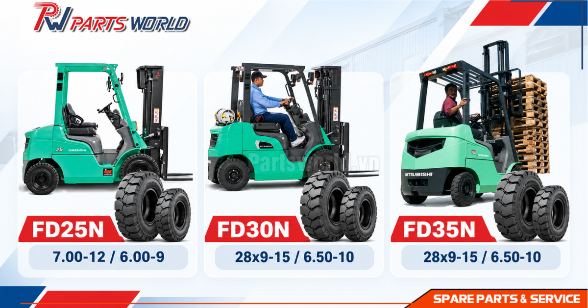 Lốp xe nâng Mitsubishi 16 Size lốp xe nâng Mitsubishi theo model