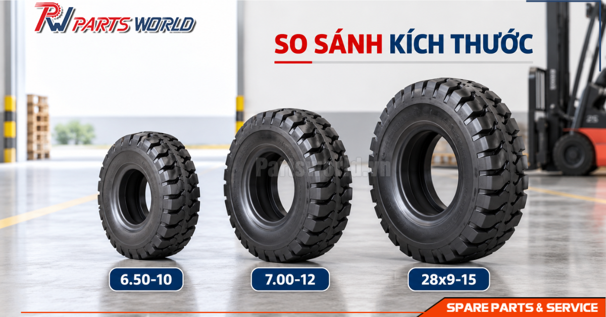 Lốp xe nâng Phoenix 19 So sánh kích thước lốp xe nâng Phoenix 6.50-10 7.00-12 và 28x9-15