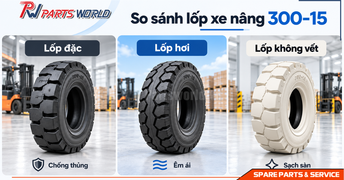 Lốp xe nâng 300-15 19 So sánh lốp đặc, lốp hơi, lốp không vết xe nâng 300-15