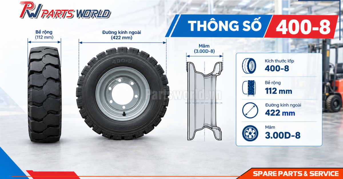 Lốp xe nâng 400-8 16 Thông số kỹ thuật và kích thước của lốp xe nâng 400-8